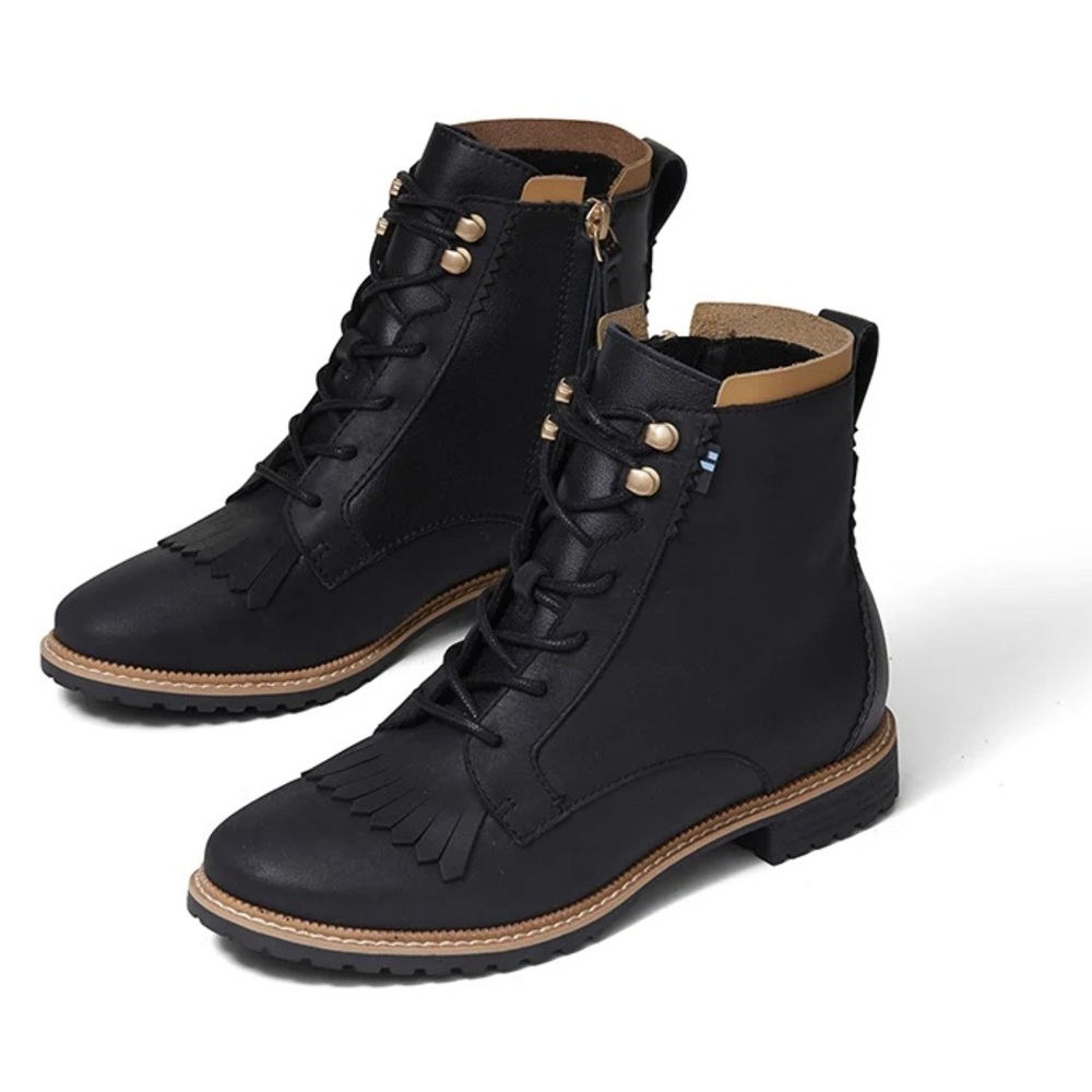 TOMS Nolita Black Leather Kiltie Ankle Boots
